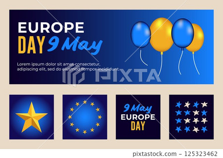 Europe day 9 may, flag, balloon, star, design elements for banner print and web use Europe day 9 may, flag, balloon, star, design elements for banner print and web use 125323462