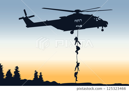 Silhouette of a combat helicopter with soldiers, side view, nh 90 in french army, vector drawing can be used for web, sticker, patch, logo, illustration and infographic 125323466