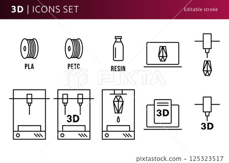 3d printer icons designed in line art style can be used for web and print, editable stroke 125323517