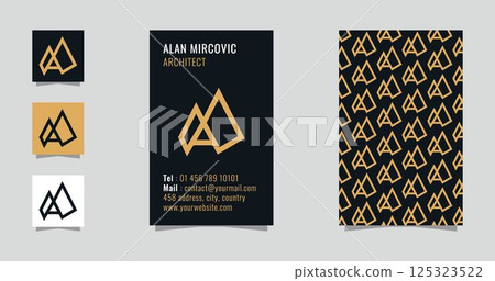 a and m letter monogram logo with vertical business card template. Architect, construction, builder, consulting, designer, gold, modern logo and banner a and m letter monogram logo with vertical business card template. Architect, construction, builder, consulting, designer, gold, modern logo and banner 125323522