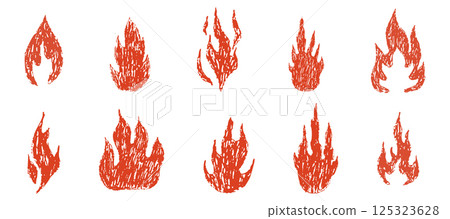 Fire flame grunge hand drawn chalk. Tattoo abstract y2k vintage simple shape. Crayon drawn red flame icon. Graffiti doodle. 125323628