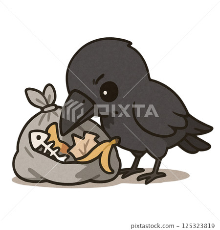 Deformed touch, illustration of a crow rummaging through garbage, icon, material, no background 125323819