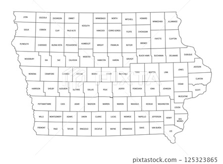 State of Iowa, subdivided into 99 counties, outline map. State in the Midwestern region of the United States, nicknamed The Hawkeye State. Map with county names and borders. Isolated illustration. State of Iowa, subdivided into 99 counties, outline map. State in the Midwestern region of the United States, nicknamed The Hawkeye State. Map with county names and borders. Isolated illustration. 125323865