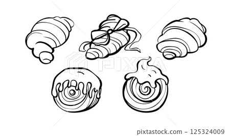 Hand drawn doodle bakery set with croissants, sweet buns, and swirled pastries with icing. Curved bold line illustration perfect for coloring, stickers, menu or food design. 125324009