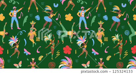 Carnival in Brazil. Seamless pattern with dancing people in costume, flower, butterfly, doodle elements 125324133