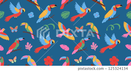 Tropical birds and flowers seamless pattern. Exotic flowers, leaves, parrot. 125324134