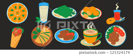 Turkish cuisine collection. Traditional dishes. Baklava, shawarma, ayran, tea, bagel simit, dolma, kofta Turkish cuisine collection. Traditional dishes. Baklava, shawarma, ayran, tea, bagel simit, dolma, kofta 125324174
