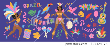 Set of Brazilian carnival elements. Masks, exotic bird, dancing women, guitar, flowers. Modern vector illustration 125324178