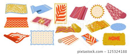 Cozy home floor carpets: round, square, and rectangular rugs with fringes. Decorative patterned mats for living room and bedroom 125324188