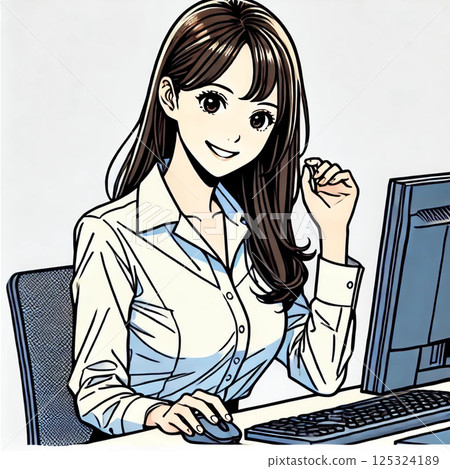Illustration of a beautiful Japanese office lady in her twenties sitting at a computer with a bright smile 125324189