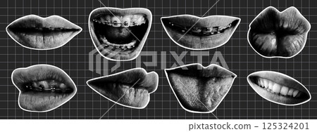 Mouth and lips with halftone effect. Y2K collage design. Retro vector illustration 125324201