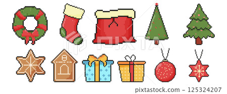 Christmas icon set. Pixel art object in 8 bit style. Socks, gift boxes, gingerbreads, toys, santa bag, wreath. 125324207