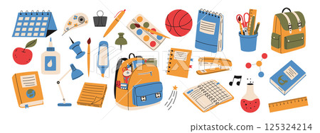Set of school stationery. Calendar, backpack, glue, books, ruler, pencil, pen, lamp, pencil case, eraser, ball, paper clip. Hand drawn illustration. 125324214