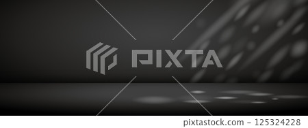 Dark studio room with sun rays. Limbo light background. Abstract 3d bg with empty space for advertising text. Vector mockup illustration. Dark studio room with sun rays. Limbo light background. Abstract 3d bg with empty space for advertising text. Vector mockup illustration. 125324228