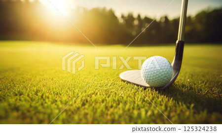 Golf club and golf ball on green grass background. Blurred backdrop. Outdoor sport on a sunny day. Generative AI Golf club and golf ball on green grass background. Blurred backdrop. Outdoor sport on a sunny day. Generative AI 125324238