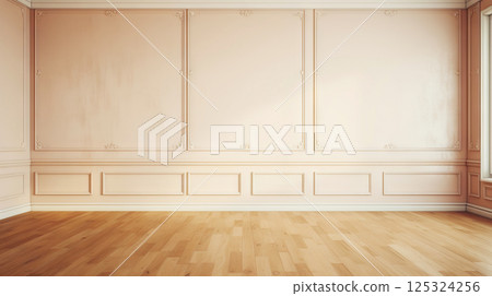 Beige wall empty apartment room with wooden floor. Copy space for product placement. Generative AI 125324256