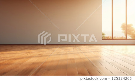 Beige wall empty apartment room with wooden floor. Copy space for product placement. Generative AI 125324265
