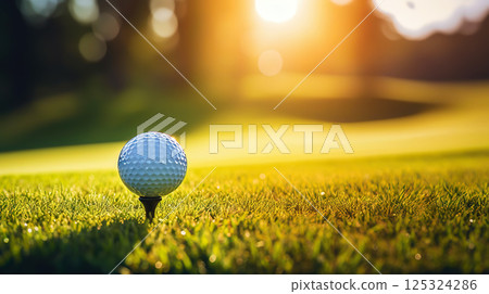 Close-up of golf ball on green grass of golf course, sunny day, blurred backdrop. Generative AI 125324286