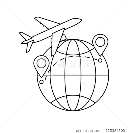 Airplane with globe icon. Air travel and tourism item. 125324503