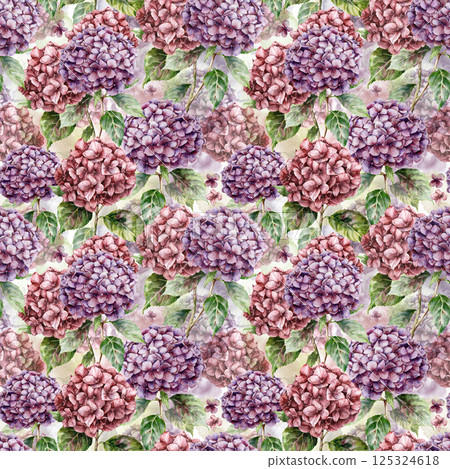 Watercolor floral seamless pattern of hydrangeas and leaves. Hand-drawn flowers composition isolated on white background. Holiday floral Illustration for design, print, fabric, background. 125324618