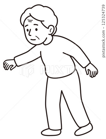 Monochrome line drawing vector illustration of an elderly woman walking while balancing Monochrome line drawing vector illustration of an elderly woman walking while balancing 125324739