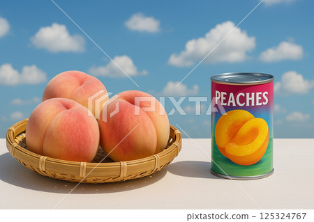 Freshly picked and canned peaches in a basket 125324767