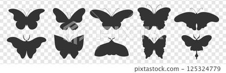 Collection of butterfly silhouettes. Butterfly, moth, monarch silhouettes. Vector illustration Collection of butterfly silhouettes. Butterfly, moth, monarch silhouettes. Vector illustration 125324779