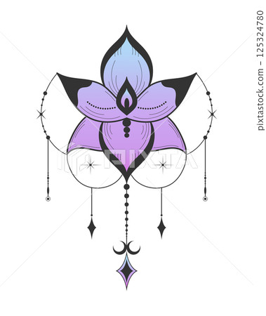 Esoteric lotus flower emblem decorated with celestial elements. Magical esoteric boho symbol. Vector illustration 125324780