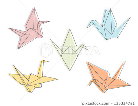 Colored paper cranes outline set. Various paper cranes. Origami flying bird symbol. Vector illustration 125324781