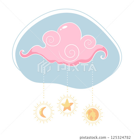 Sky cloud doodle decoration with star, crescent and planet pendants. Cartoon childish style. Vector illustration Sky cloud doodle decoration with star, crescent and planet pendants. Cartoon childish style. Vector illustration 125324782