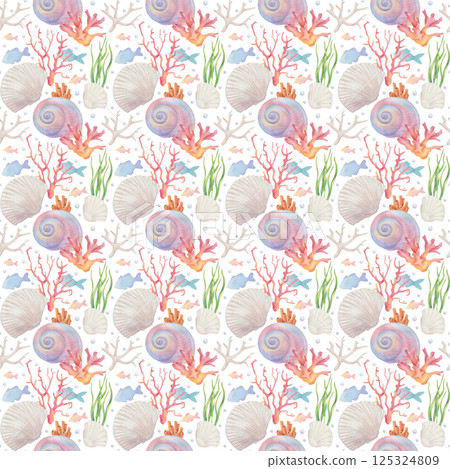 Cartoon seamless pattern of cute marine animals, sea life  Cartoon seamless pattern of cute marine animals, sea life  125324809