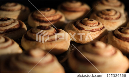 Close-up of freshly baked cinnamon rolls in the oven. Close-up of freshly baked cinnamon rolls in the oven. 125324866