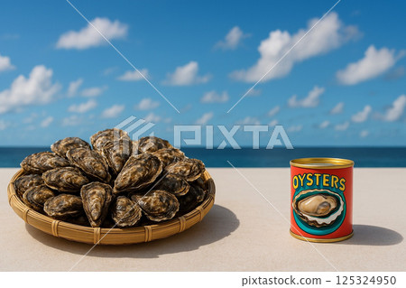 Freshly caught mussels in a basket and a paella dish 125324950