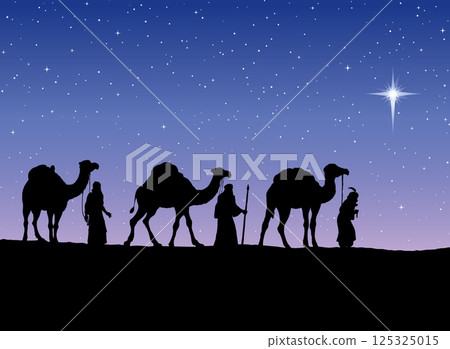 Three Wise kings following Star of Bethlehem. Vector illustration Three Wise kings following Star of Bethlehem. Vector illustration 125325015