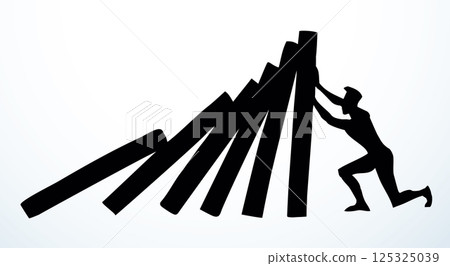 A man stops falling dominoes. Vector drawing A man stops falling dominoes. Vector drawing 125325039