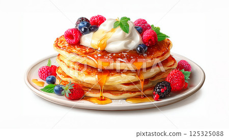 A hearty pancake topped with lots of berries 125325088