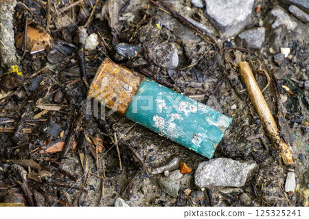 abandoned hunting gun cartridge case in countryside 125325241