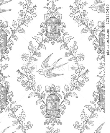 Swallow Bird and Floral Seamless Pattern: Elegant Vector Illustration for Fabrics, Wallpapers, and Packaging Design Swallow Bird and Floral Seamless Pattern: Elegant Vector Illustration for Fabrics, Wallpapers, and Packaging Design 125325456