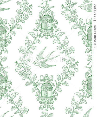 Swallow Bird and Floral Seamless Pattern: Elegant Vector Illustration for Fabrics, Wallpapers, and Packaging Design 125325462