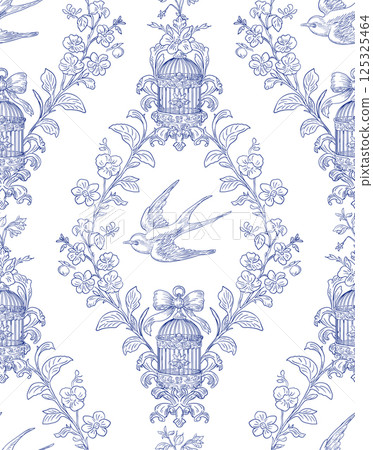 Swallow Bird and Floral Seamless Pattern: Elegant Vector Illustration for Fabrics, Wallpapers, and Packaging Design 125325464