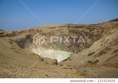 March 25 2025 Scenery of Active Volcanic Crater With Rising Smoke Under Blue Sky, Japan 125325629