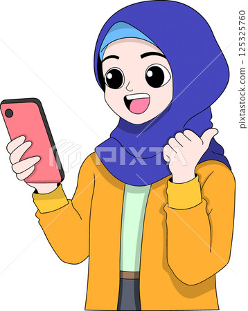 Happy Muslim Girl Using Smartphone for Online Shopping 125325760