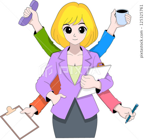 Multitasking Businesswoman Cartoon Illustration 125325761