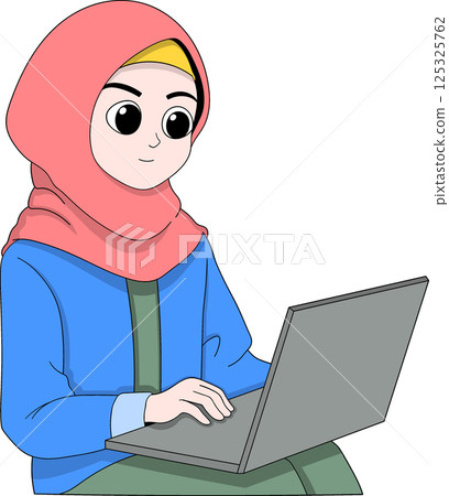 Muslim Businesswoman Working on Laptop Cartoon Illustration 125325762