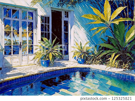 City Pop style: A blue tiled pool facing a white framed glass window and surrounded by tropical plants 125325821