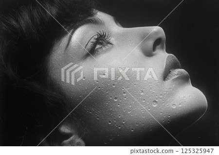 Woman's face is shown in black and white photo 125325947