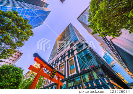 Tokyo cityscape in Japan. View of Fukutoku Shrine in the valley between buildings in Nihonbashi Muromachi. A redeveloped building is in the back right. 125326024