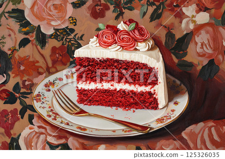 slice red velvet cake on floral background slice red velvet cake on floral background 125326035