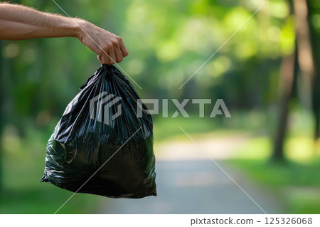 man hand hold black trash bag to go to throw in the bin.save ecology concept. Close up man hand hold black trash bag to go to throw in the bin.save ecology concept. Close up 125326068