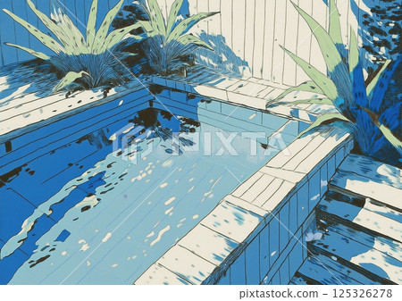 City Pop style, slightly faded white wooden deck, white tiled pool and fence, green tropical plants 125326278